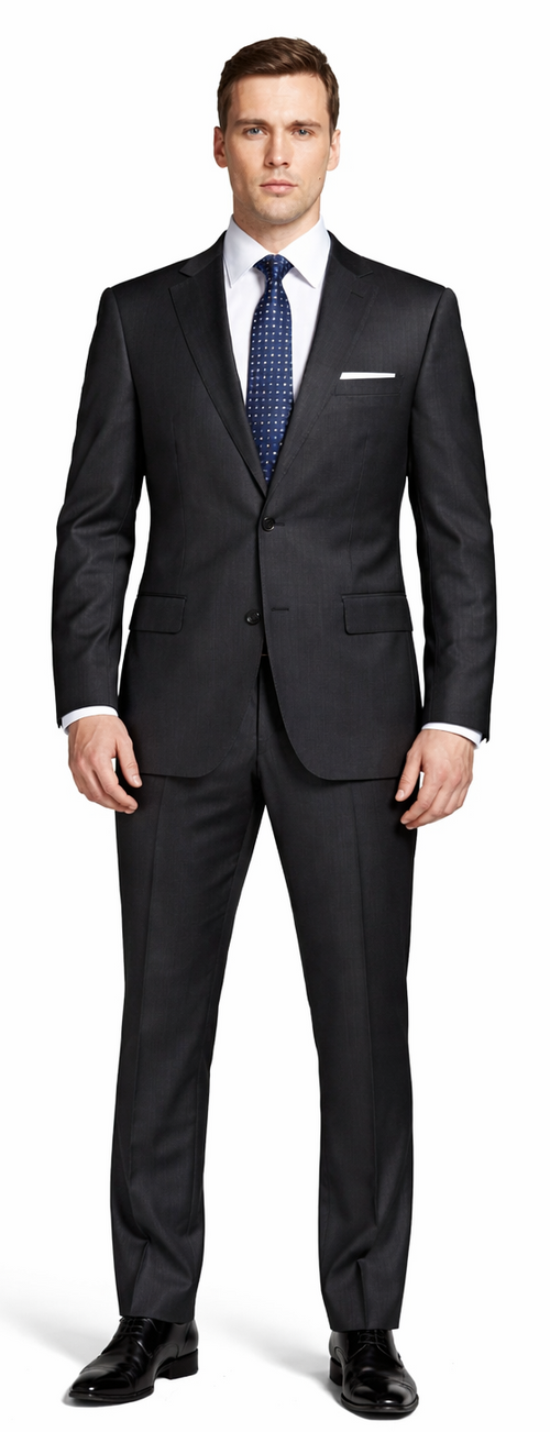 Tailored two-piece suit in wool-silk blend. Available in black or charcoal. Features a two-button jacket with notched lapel & front pockets, plus straight-leg trousers. Sleek, modern silhouette.