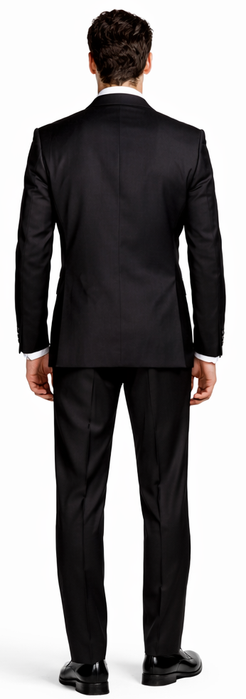 Bertolini wool-silk two-piece suit. Available in black or charcoal. Features a tailored, two-button jacket and straight-cut trousers. Crafted from a luxurious wool-silk blend for a smooth texture.