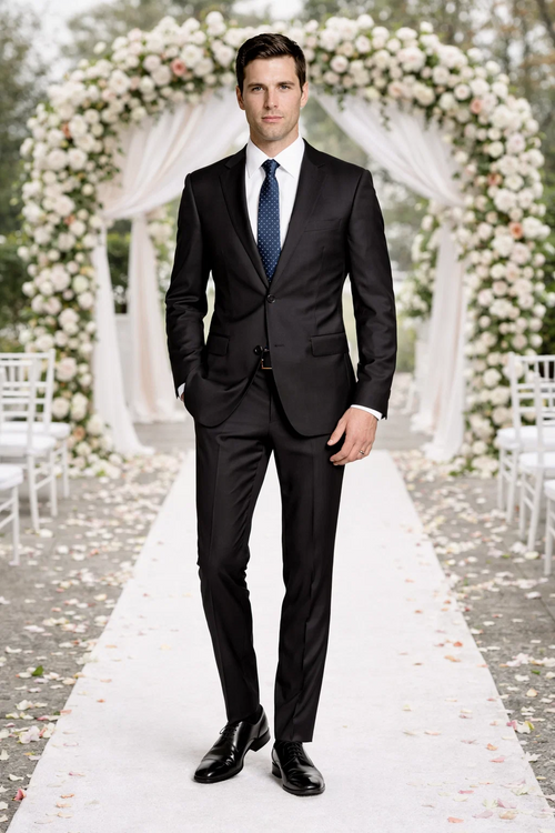 Bertolini wool-silk two-piece suit. Two-button design, black/charcoal. Tailored fit, structured jacket, slim trousers. Smooth texture, sleek silhouette. Wool/silk blend.