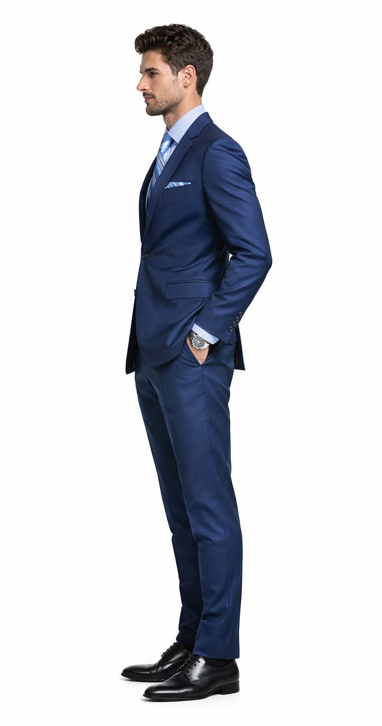 Albertonardoni Bertolini French blue suit. Two-piece, tailored silhouette. Wool-silk blend, single-breasted jacket, notched lapels, flat-front trousers. Light blue shirt visible. Classic, elegant design.