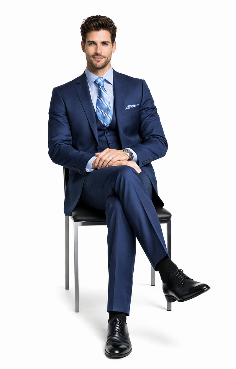 Bertolini French blue wool-silk 2pc suit. Tailored fit with 2-button jacket & straight-leg trousers. Smooth texture, notch lapel. Model wears with light blue shirt, patterned tie, black shoes/socks.