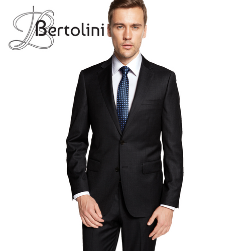 Bertolini 3pc black suit: tailored wool-silk. Includes jacket (2-button closure), straight-cut trousers, and single-breasted waistcoat (notch collar). Streamlined silhouette, structured shoulders. Uniform dark fabric.