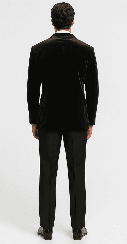 Black velvet blazer, big and tall size. Straight cut, notch lapel, and long sleeves. Soft, smooth velvet for a sleek silhouette.