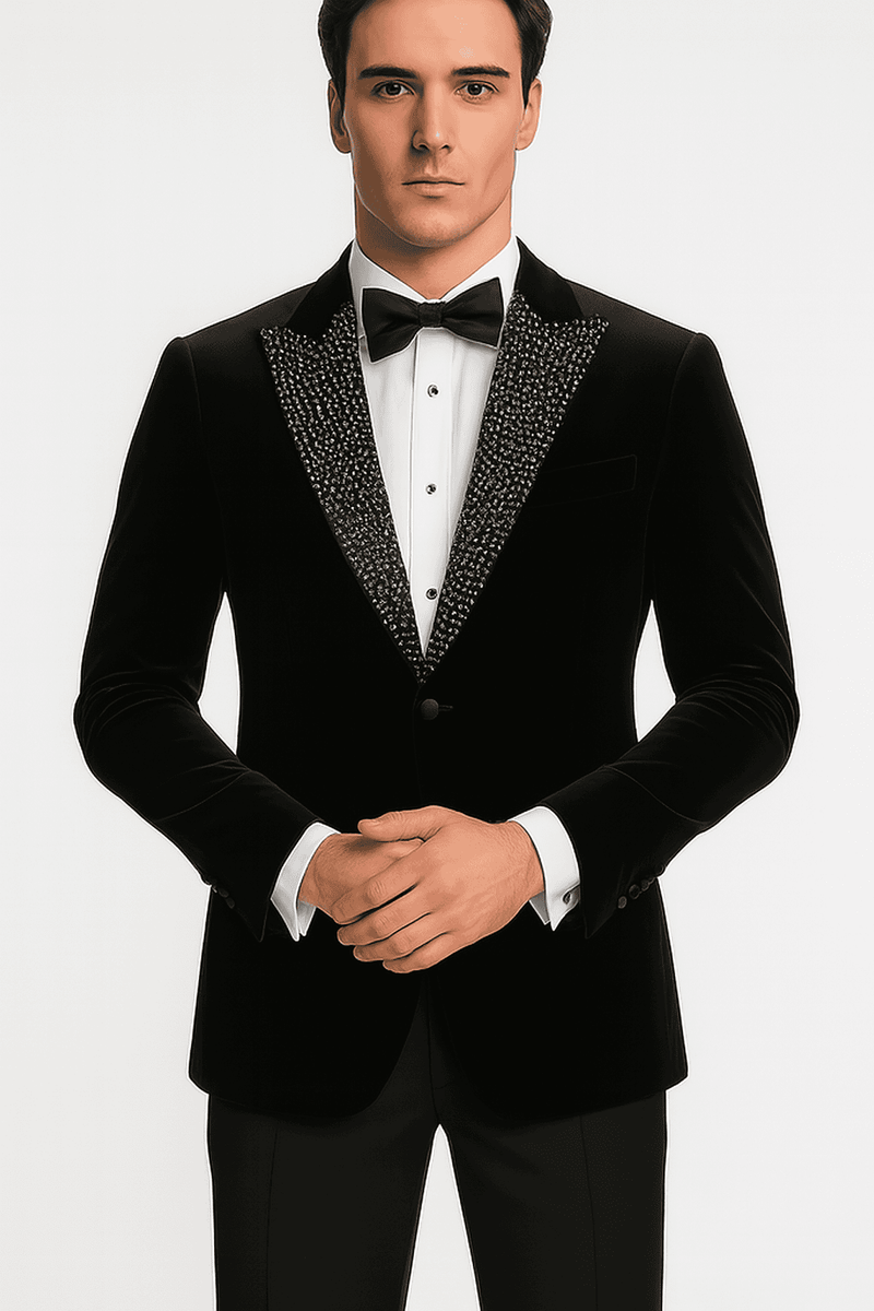 Black velvet big & tall blazer. Structured, single-button closure. Glossy, textured finish with embellished lapel. Long sleeves, left-side pocket.