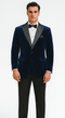 Blue velvet blazer with black shawl lapel and single-button closure. Includes two front pockets, and a pocket square. Designed for big and tall sizes.