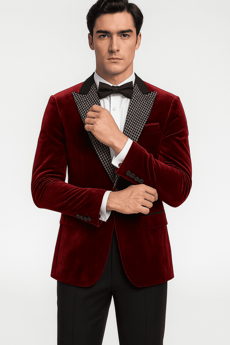 Stacy Adams big and tall red velvet blazer. Fitted silhouette, notched black lapel, and checkered collar. Button closures, two front pockets. Soft, plush velvet fabric.