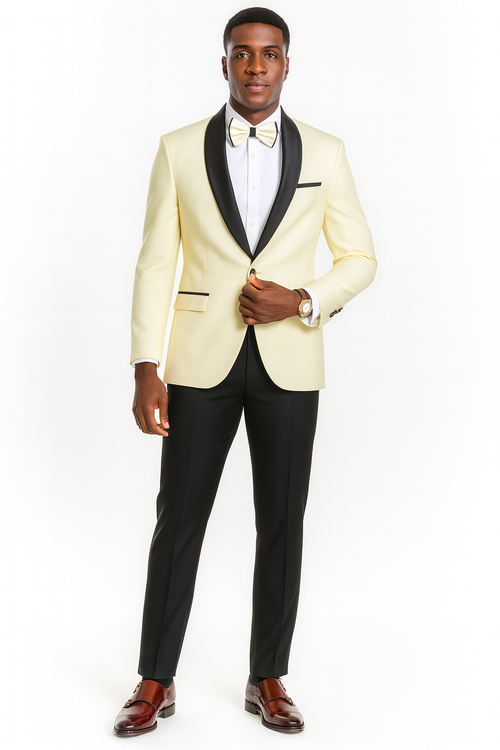 Ivory jacket with black shawl collar, single button, and pockets. Black straight-fit pants. Includes a matching ivory bowtie. Specifically designed for big and tall sizes.
