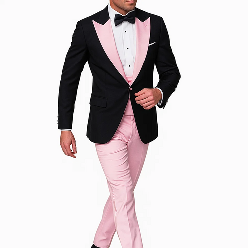 Black & pink double-breasted tuxedo with peak lapels. Black jacket with pink lapels, structured fit. Pink trousers. Made from 100% wool.