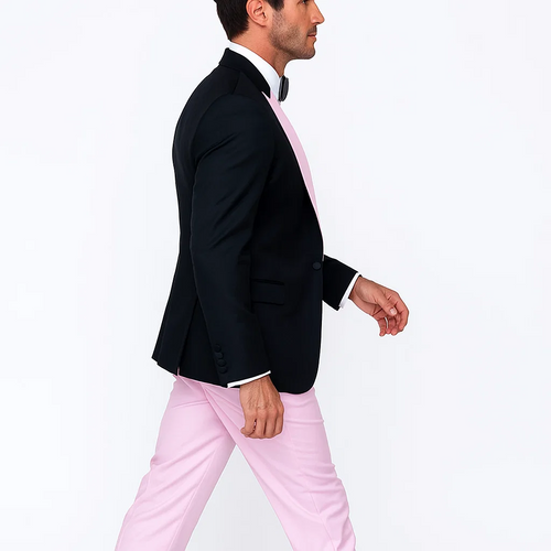 Black tuxedo jacket with peak lapel & double-breasted design. Includes a pink vest & light pink trousers. Crafted from 100% wool.