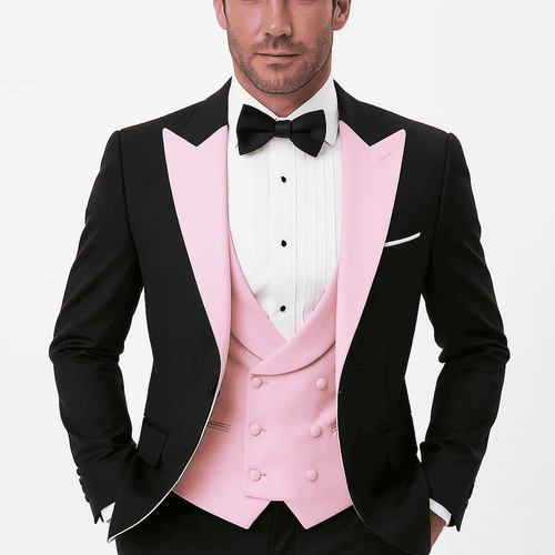 Black and pink tuxedo: double-breasted vest, peak lapel, 100% wool. Jacket with pink lapels, black body. A classic and bold design.