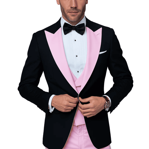 Black tuxedo with pink accents: wool fabric, double-breasted vest, peak lapels. Pink shawl collar, trousers. White shirt, pocket square. Tailored fit for a coordinated look.