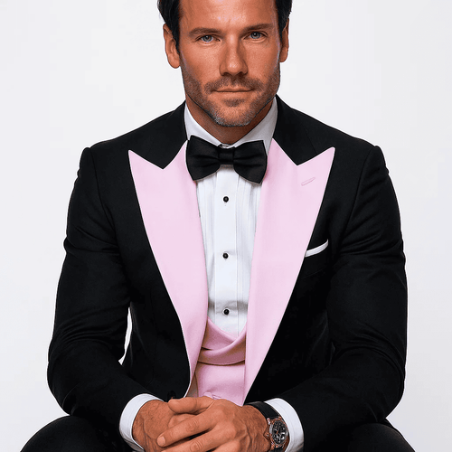 Black and pink tuxedo: double-breasted vest, peak lapel. Made of 100% wool. Sharp contrast.