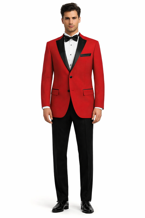Black and Red Suit Mens 2 Button Contrast Notch Lapel Tuxedo in Red