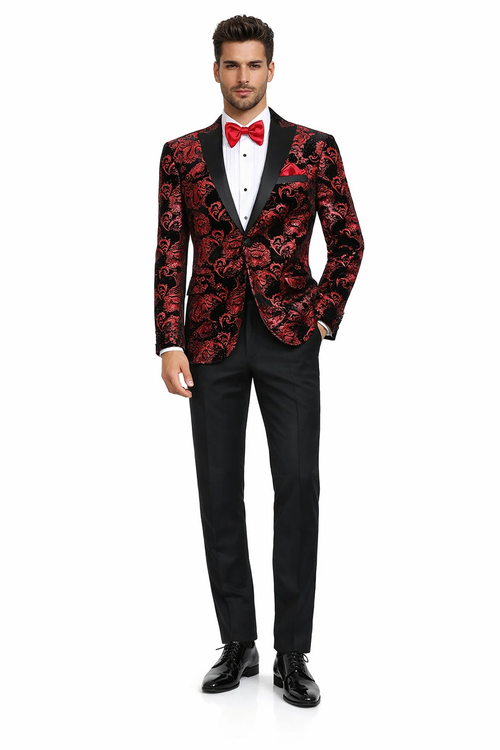 Black and Red Suit Men's Modern Fit Velvet Floral Paisley Foil Tuxedo Jacket in Red & Black