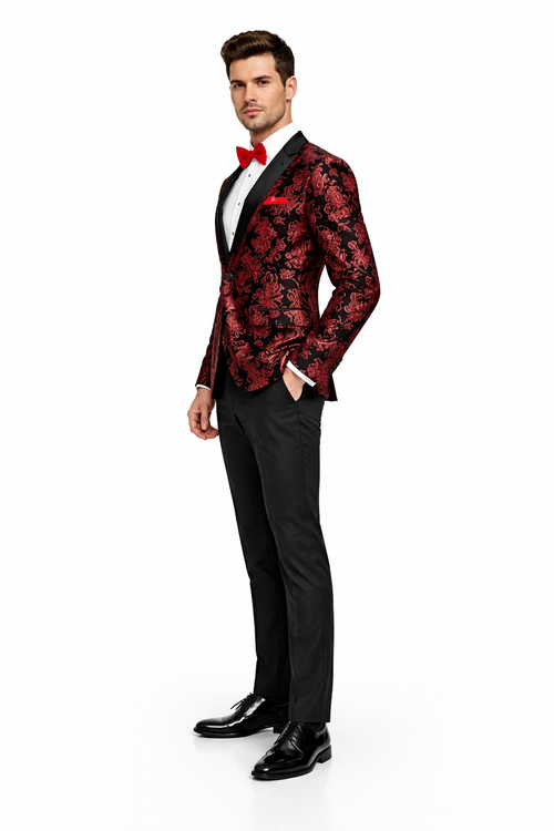 Black and Red Suit Men's Modern Fit Velvet Floral Paisley Foil Tuxedo Jacket in Red & Black