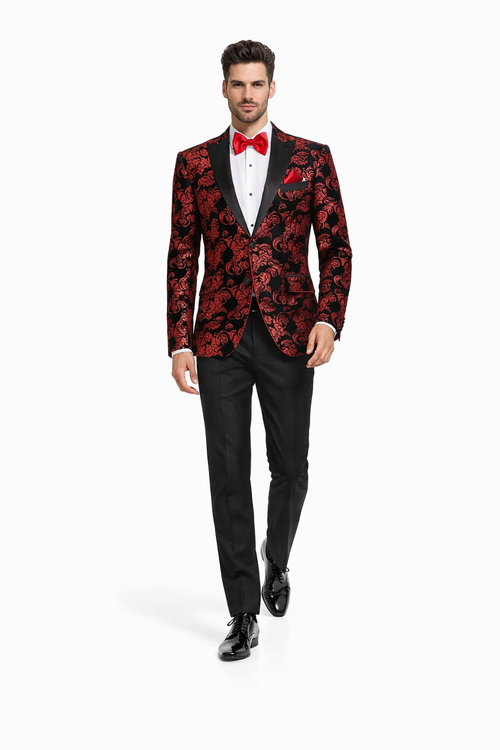 Black and Red Suit Men's Modern Fit Velvet Floral Paisley Foil Tuxedo Jacket in Red & Black