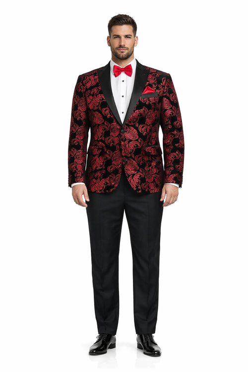 Black and Red Suit Men's Modern Fit Velvet Floral Paisley Foil Tuxedo Jacket in Red & Black