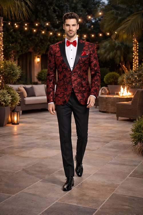 Black and Red Suit Men's Modern Fit Velvet Floral Paisley Foil Tuxedo Jacket in Red & Black