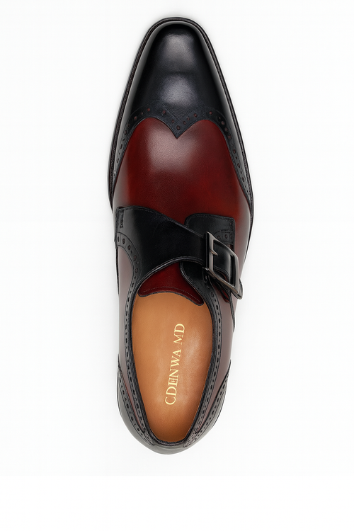 Mens Leather Wingtip Monk Strap Dress Shoe in Brown & Navy