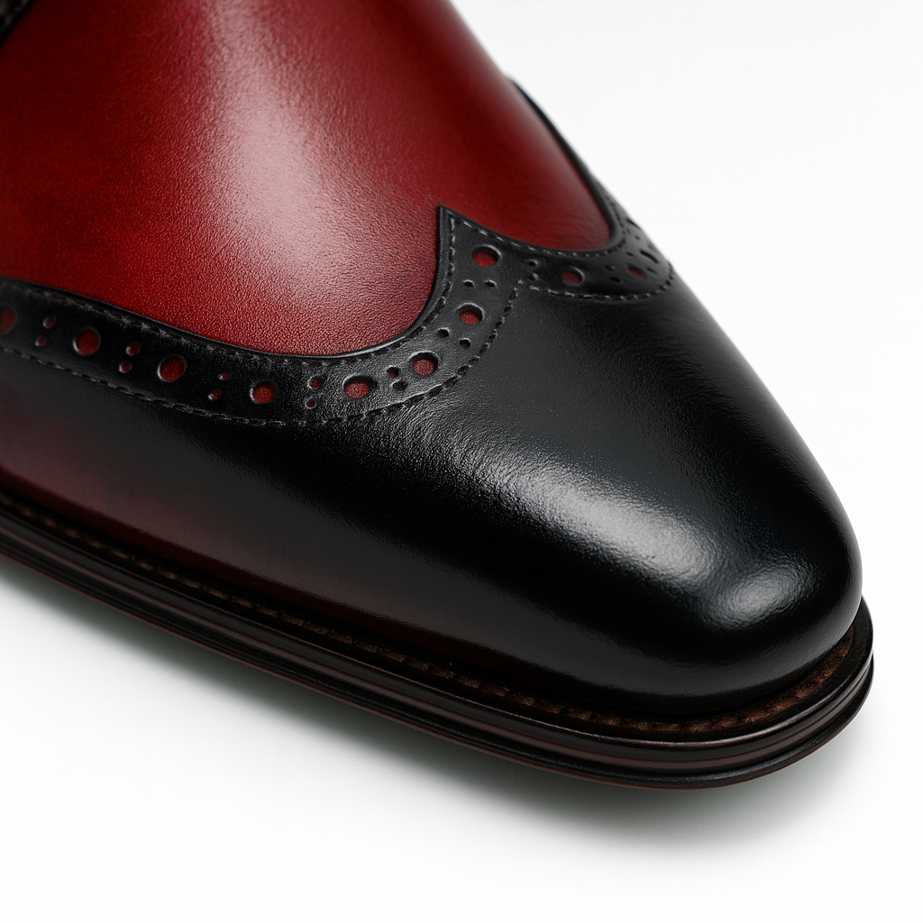 Mens Leather Wingtip Monk Strap Dress Shoe in Brown & Navy