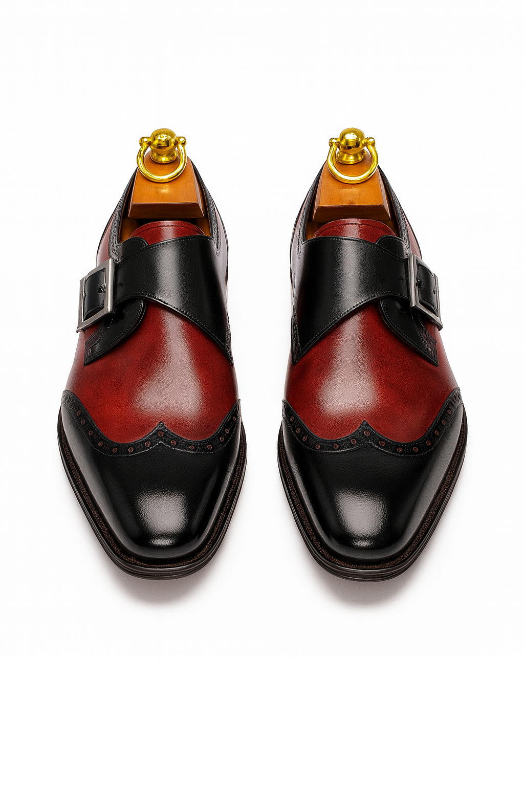 Mens Leather Wingtip Monk Strap Dress Shoe in Brown & Navy