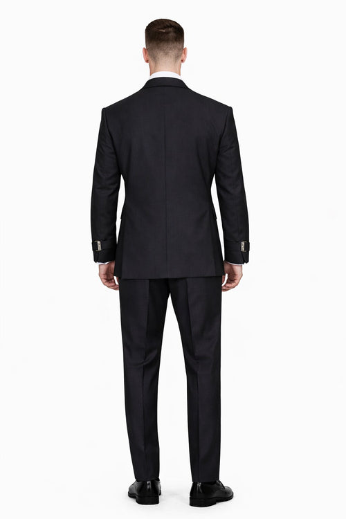 Men’s Black Double Breasted Wool Suit with Metal Buckle Closure