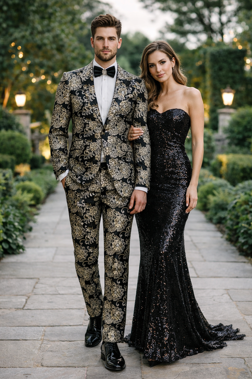 Gold Tuxedos - Paisley Suits - Prom 2026 Suits - Wedding Tuxedos Suits - Groom Suit Black