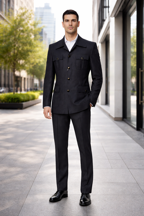 Black Safari Walking Suit for Men – Rossiman Utility Jacket and Trousers Set