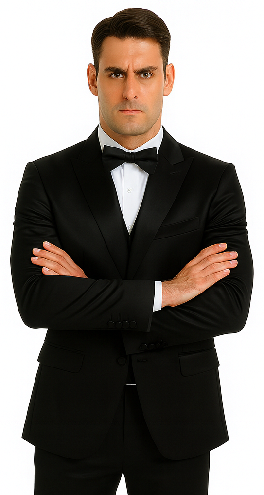 Men's black satin three-piece skinny suit. Peak lapel, double-breasted vest. Tailored jacket with structured shoulders and smooth lines for a sharp, modern fit.