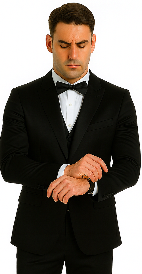 Men's black Tazzio 3-piece suit: skinny fit, satin fabric. Features peak lapel, double-breasted vest, and fitted trousers. Sleek, tailored lines for a modern look.