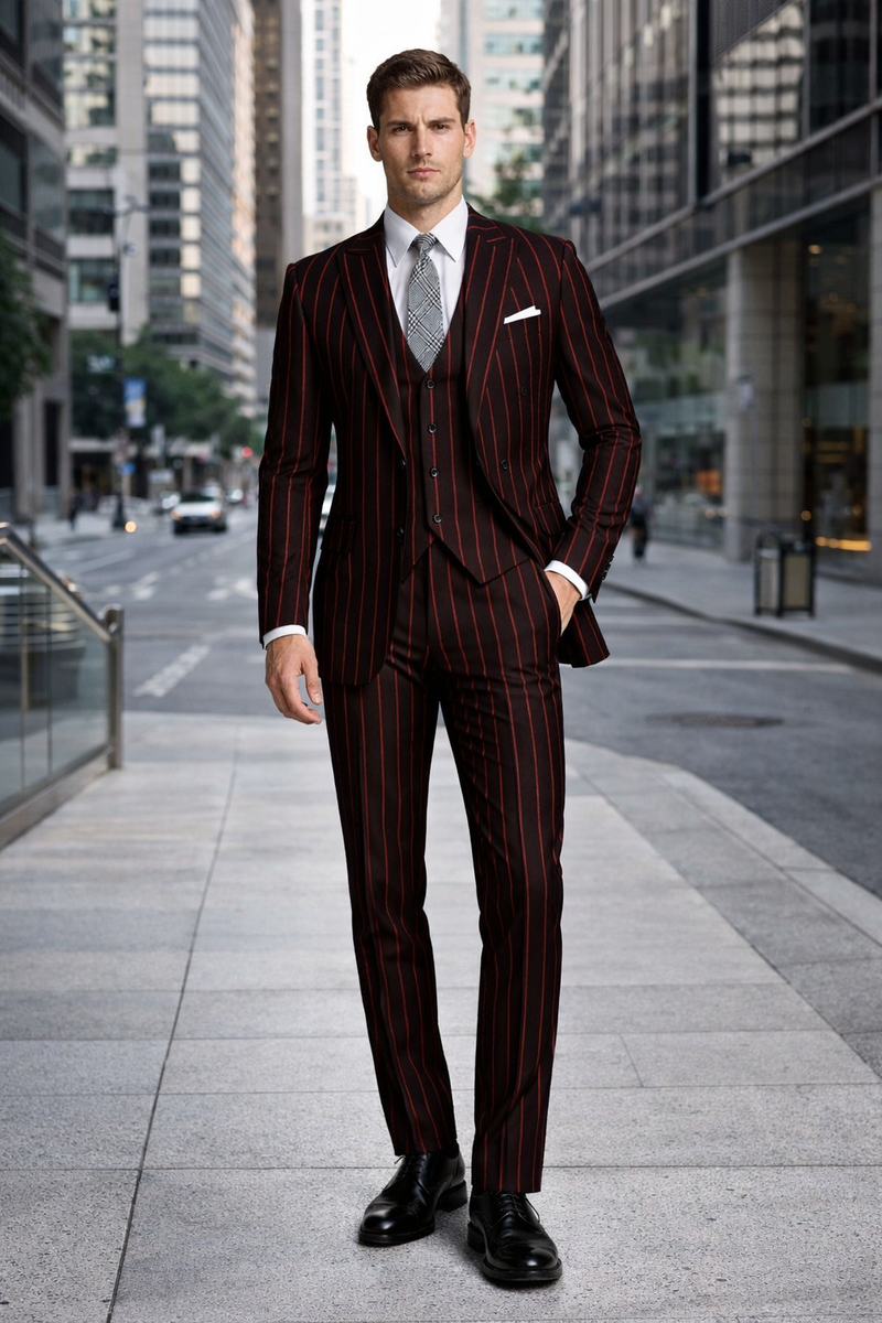 Black With Red Pinstripe Suit On Sale