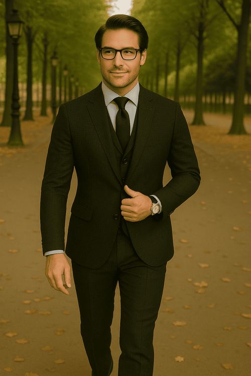 Wool Suit - Italian Made Business Suit by Statement Men's 3 Piece 100% Wool Modern Fit Suit - Micro Checker Pattern