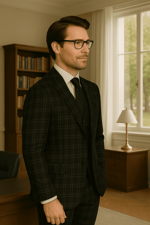 Wool Suit - Italian Made Business Suit by Statement Men's 3 Piece 100% Wool Modern Fit Suit - Plaid Pattern