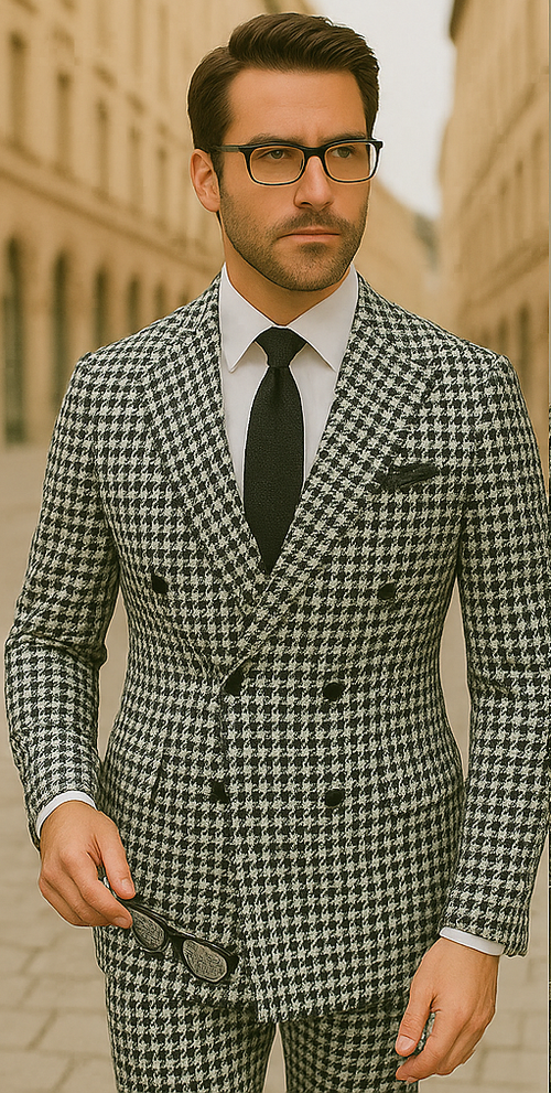 Wool Suit - Italian Made Business Suit by Statement Men's 2 Piece 100% Wool Double Breasted Suit - Houndstooth Pattern
