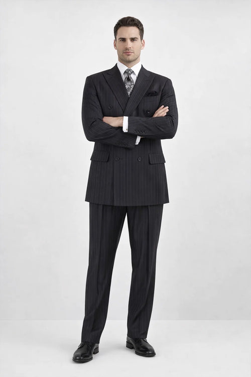 black stripe double breasted suit