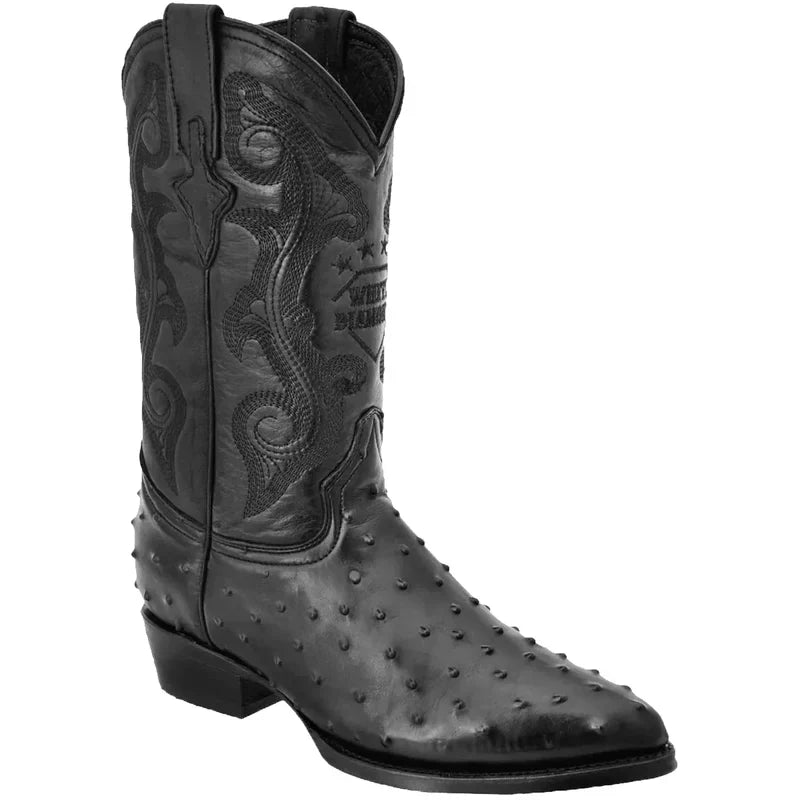 Mens White Diamond Boot Black Ostrich Print Western Boot J-Toe
