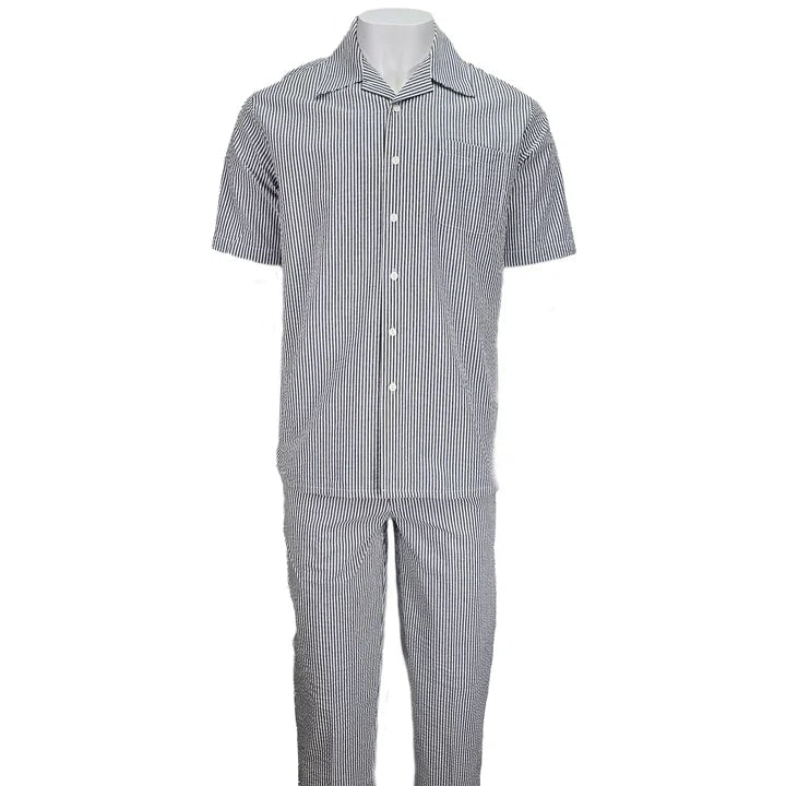 Black & white striped seersucker set by Alberto Nardoni. Short-sleeve shirt with pointed collar & pocket, plus elastic-waist pants. Textured, puckered fabric, loose fit. 2-piece set.
