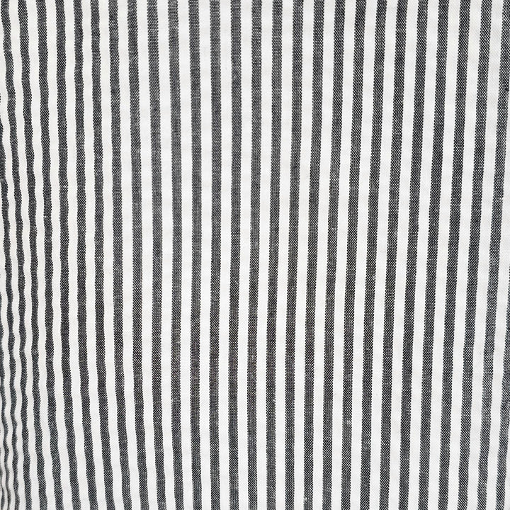 Black seersucker 2pc set by Alberto Nardoni. Lightweight & breathable fabric with vertical black & white stripes, creating a textured, even design. Classic seersucker.