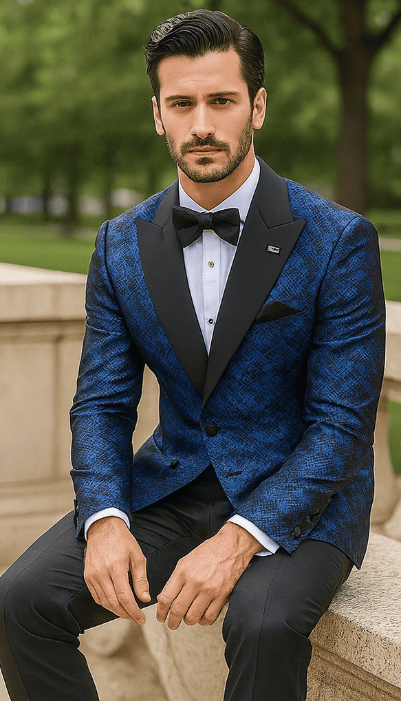Blue double-breasted jacket with a rough streak pattern and satin fabric. Includes peak lapel and is paired with a black bow tie.