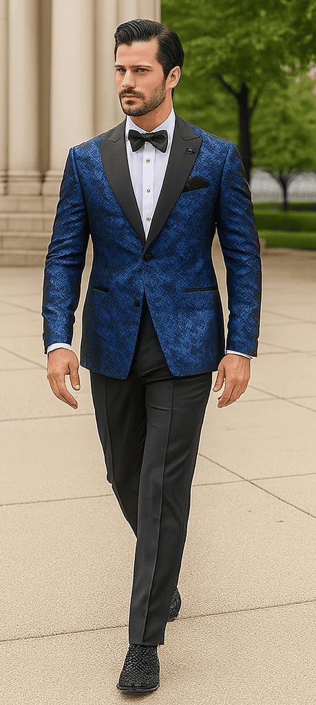 Blue satin double-breasted jacket with rough streak pattern and peak lapel. Black accents enhance the design.