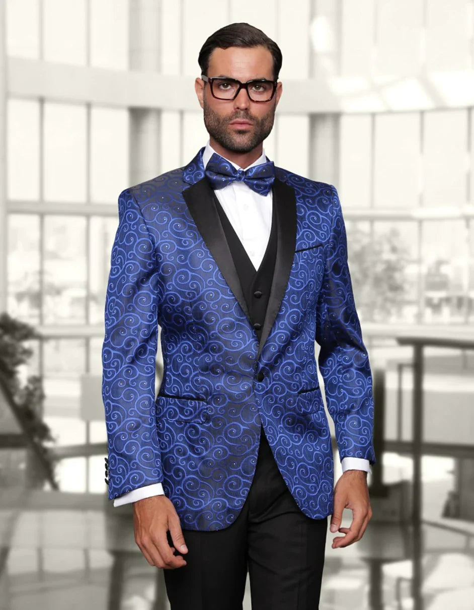 Blue Paisley Jacket Mens Swirl Paisley Prom Tuxedo in Royal Blue & Black | Alberto Nardoni Blue Paisley Jacket Mens Swirl Paisley Prom Tuxedo in Royal Blue & Black | Alberto Nardoni
