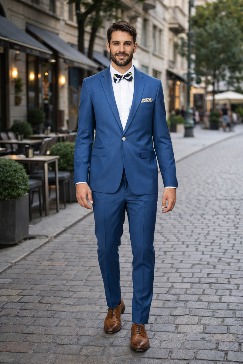 Blue Slim Fit Mens Suit by Rossiman Rossi - Skinny Style with 1-Button Jacket