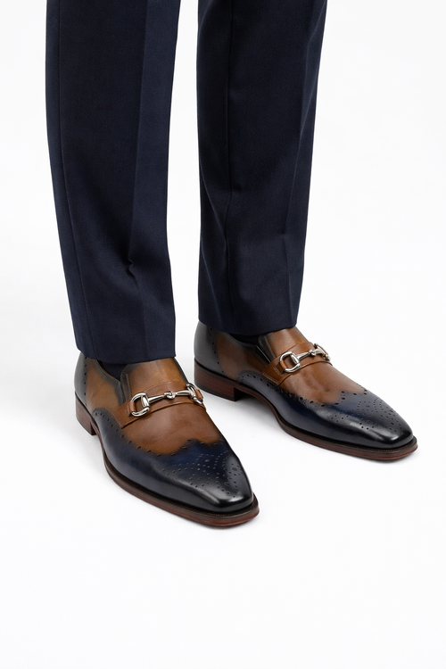 Mens Wholecut Two Tone Leather Wingtip Loafer Dress Shoes in Blue & Tan