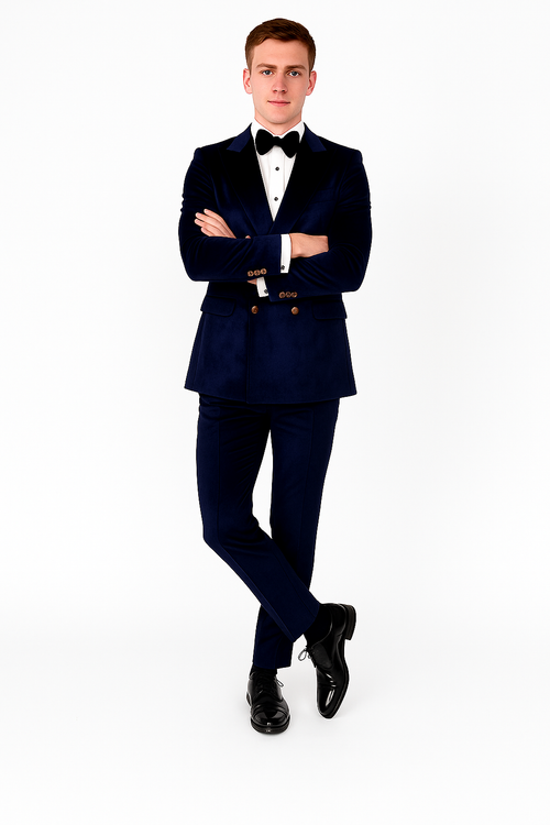 Navy Blue Velvet Double Breasted Suits - Velvet Pants - Slim Fit Suit