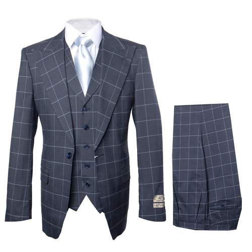 Navy suit. Classic fit, structured blazer with wide lapels, multiple buttons. Baggy, pleated, wide-leg pants. 100% wool with a subtle check pattern.