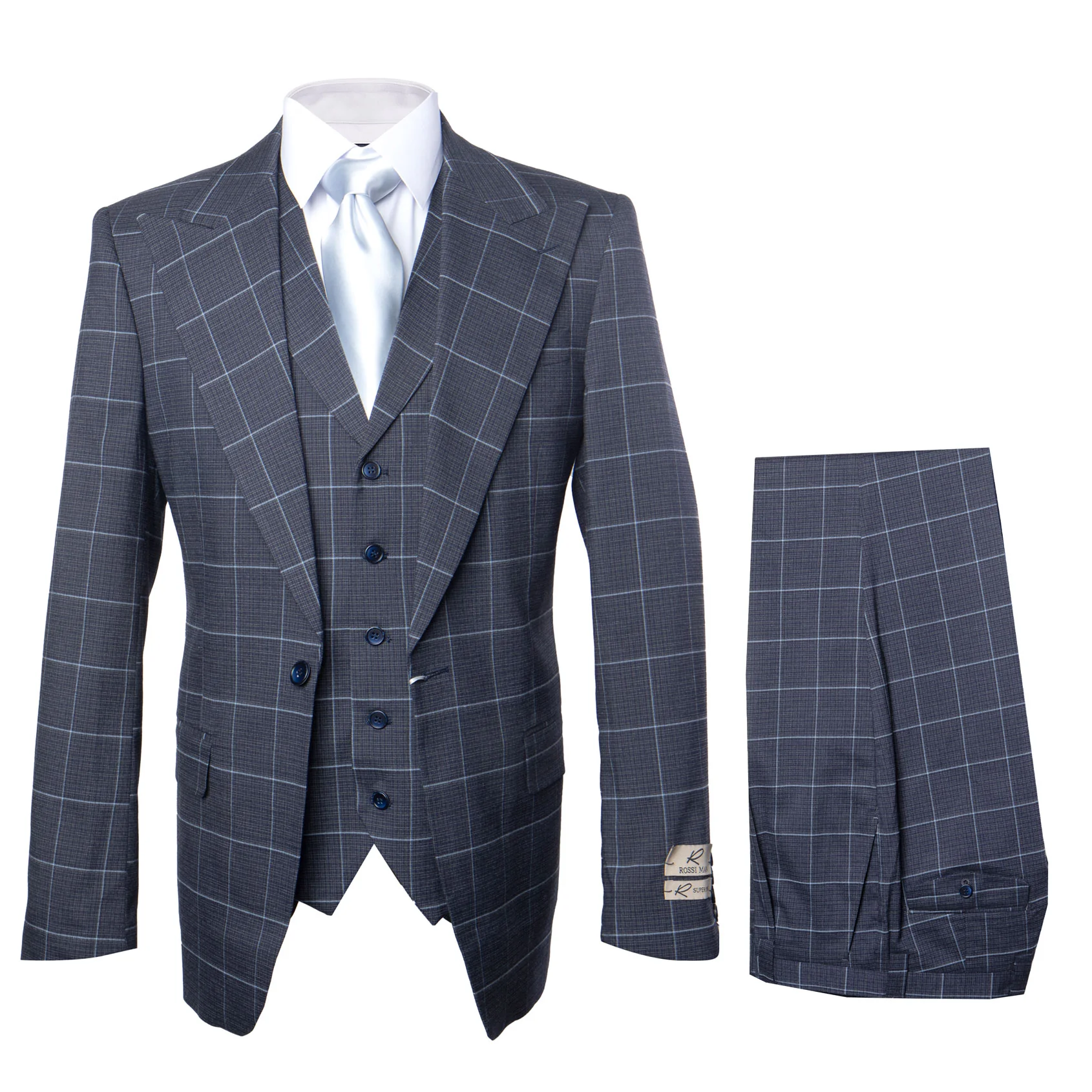 Navy suit. Classic fit, structured blazer with wide lapels, multiple buttons. Baggy, pleated, wide-leg pants. 100% wool with a subtle check pattern.