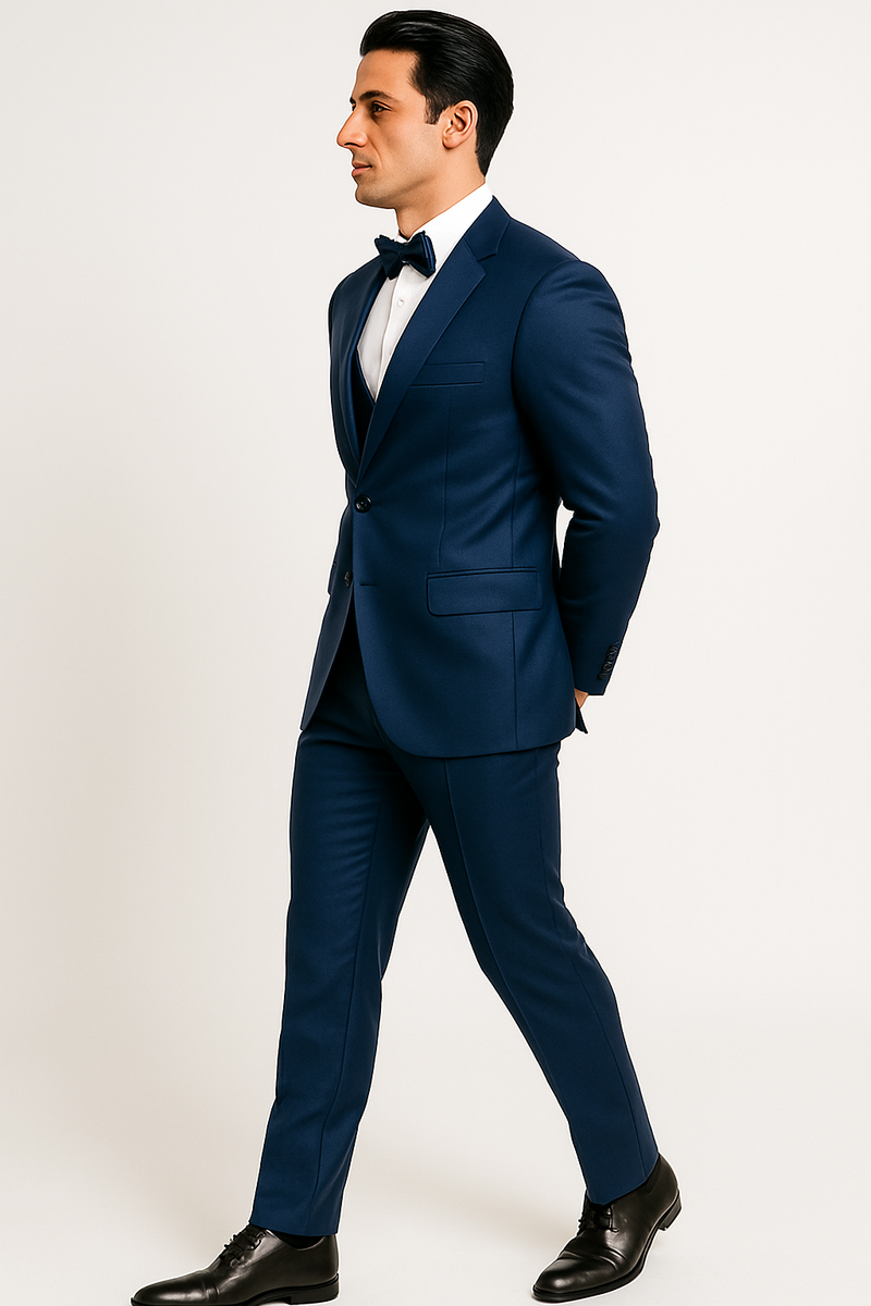 Navy blue tuxedo set: single-button jacket, notched lapels, straight-cut trousers. Includes white dress shirt & black bow tie. Smooth fabric, deep navy color, for a formal look.