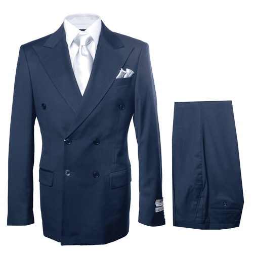 Navy, classic-fit suit. Double-breasted wool jacket with notched lapel & pockets. Wide-leg, pleated wool pants.