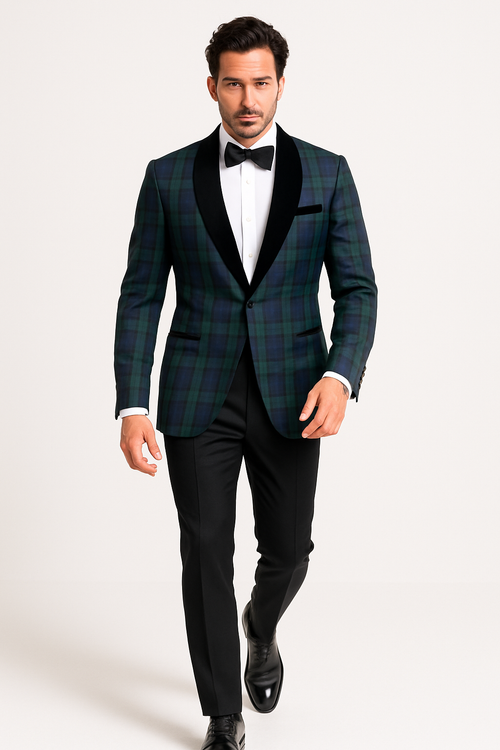 Green Tartan Tuxedo Dinner Jacket - Green and Blue Plaid Blazer - Checkered Sportcoat