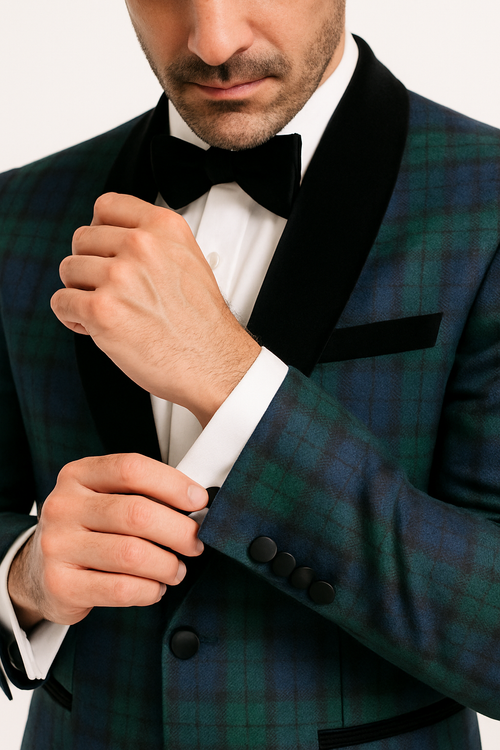 Green Tartan Tuxedo Dinner Jacket - Green and Blue Plaid Blazer - Checkered Sportcoat